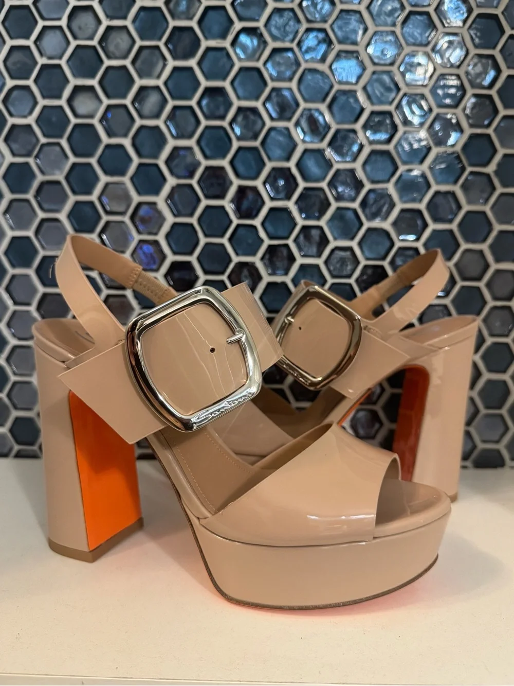 SANTONI Bruxel Nude Beige Platform Sandal, size 7.5